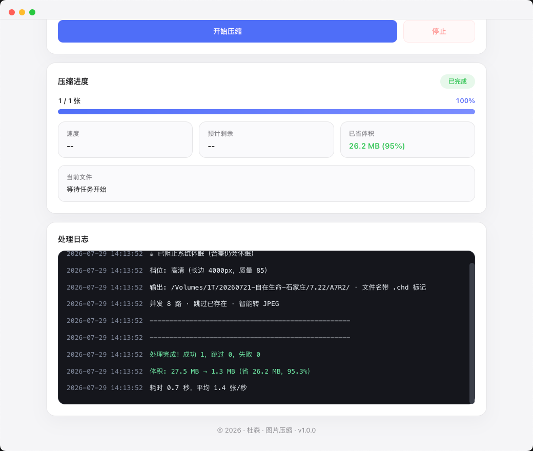 图片压缩完成结果与处理日志